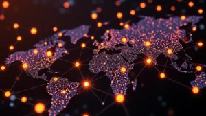 Digital blockchain network visualization with glowing nodes and connections representing wealth transfer and Bitcoin transactions across global markets, photorealistic 3D rendering