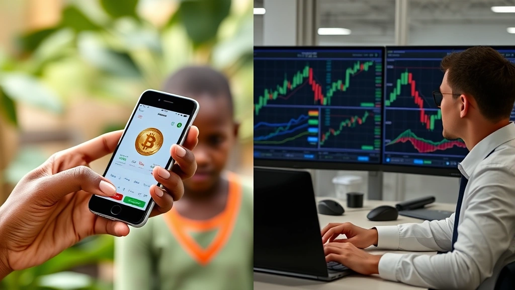 Split-screen comparison: left side shows a person in a developing nation holding a smartphone with Bitcoin wallet interface, right side shows a modern office trader monitoring multiple cryptocurrency charts, representing digital divide in crypto adoption