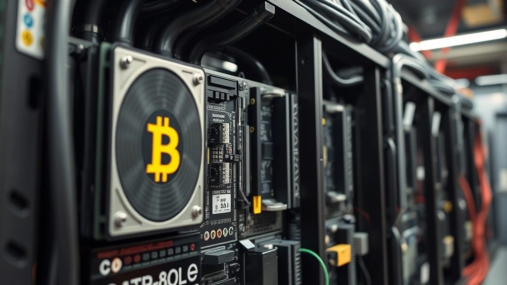Detailed close-up photograph of ASIC Bitcoin mining hardware with cooling systems and circuit boards visible, industrial setting with power cables, dramatic lighting emphasizing technical complexity, no charts or displays visible
