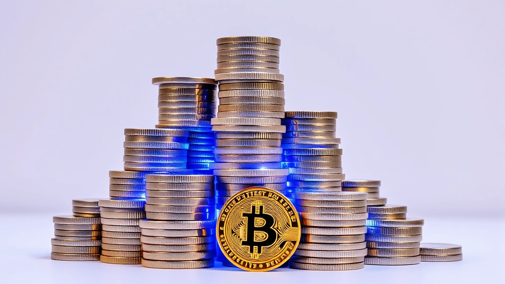 Stacked cryptocurrency coins in varying heights creating wealth pyramid structure, illuminated by blue and gold lighting, symbolizing wealth concentration and distribution hierarchy