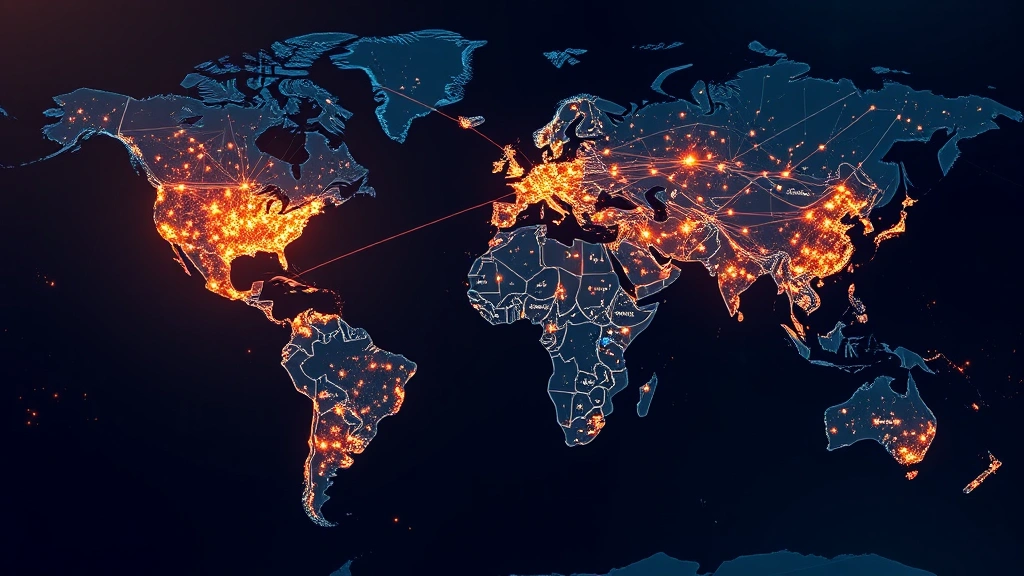 Visualization of blockchain network nodes distributed globally on a world map with glowing connection lines, emphasizing geographic concentration of mining operations in specific regions, digital art style with photorealistic elements