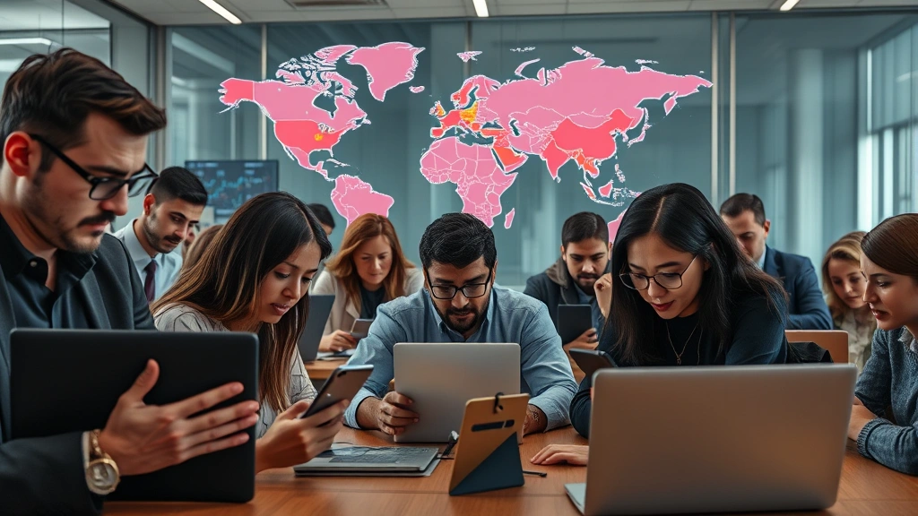 Photorealistic image of diverse group of people looking at smartphones and laptops in modern office setting, some appearing frustrated or uncertain, cryptocurrency exchange interface visible on screens but unreadable, global map with highlighted wealth centers in background