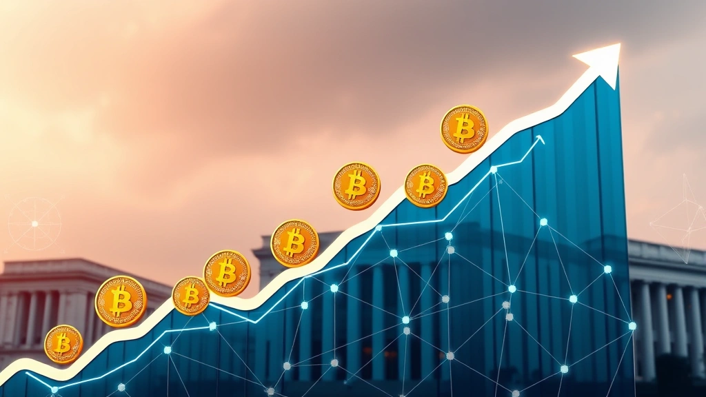 Photorealistic image of an upward trending graph in the background with Bitcoin symbols, institutional building architecture, and global network connections, representing institutional adoption and mainstream acceptance