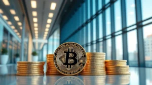 Photorealistic image of Bitcoin cryptocurrency coins stacked in professional financial office setting with modern glass and steel architecture, professional lighting, no text or numbers visible