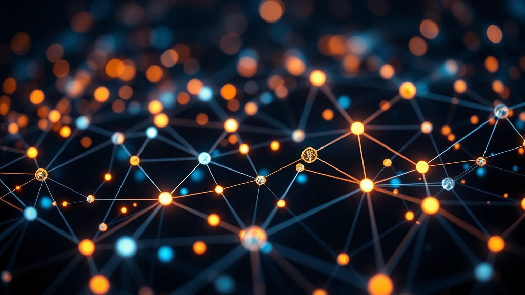 Photorealistic close-up of digital blockchain network visualization with interconnected nodes and glowing pathways representing cryptocurrency transactions, abstract tech aesthetic, no text overlays