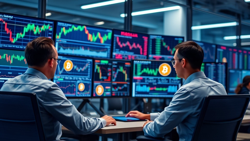 Photorealistic image of financial analysts reviewing data on multiple monitors in modern investment firm office, Bitcoin charts visible but blurred, professional business environment, no readable text