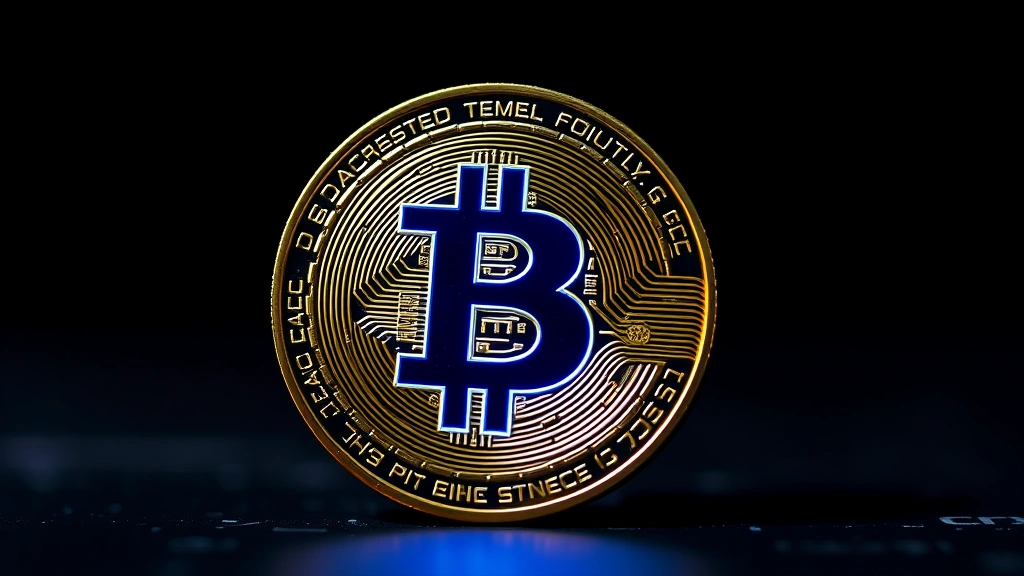 Photorealistic close-up of Bitcoin physical coin with glowing blue digital light reflecting off metallic surface against dark background