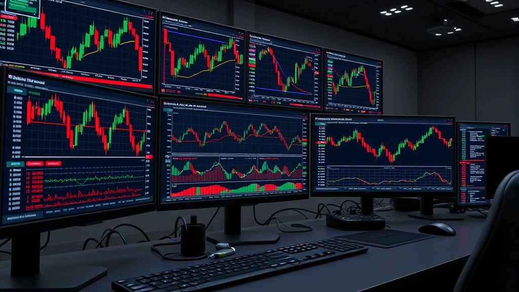 Photorealistic image of cryptocurrency trading dashboard showing candlestick charts, order books, and market data on multiple monitors in professional trading environment