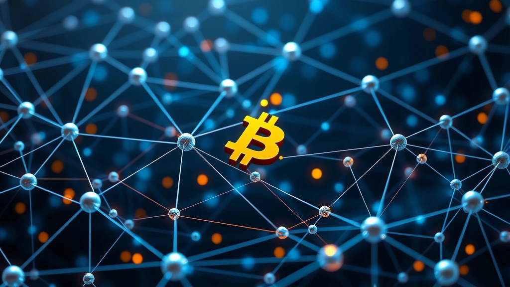 Photorealistic visualization of blockchain network with interconnected nodes transmitting data, displaying Bitcoin symbol and digital currency transactions flowing through nodes