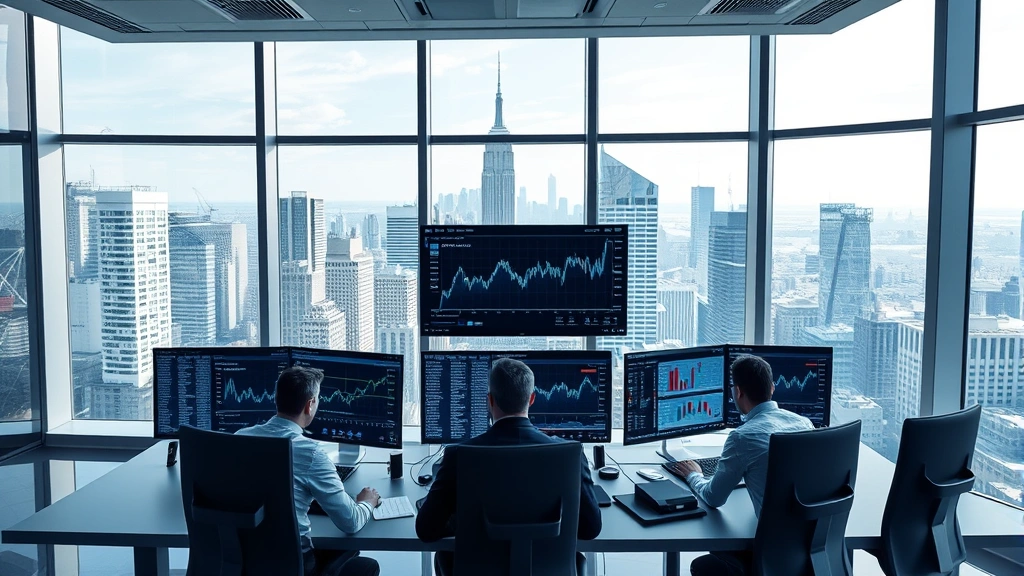 A modern institutional investment office with floor-to-ceiling windows overlooking a city skyline, cryptocurrency and blockchain data visualizations displayed on multiple high-resolution monitors, professional investors analyzing digital asset portfolios, clean minimalist design with blue and silver tones, no text or charts
