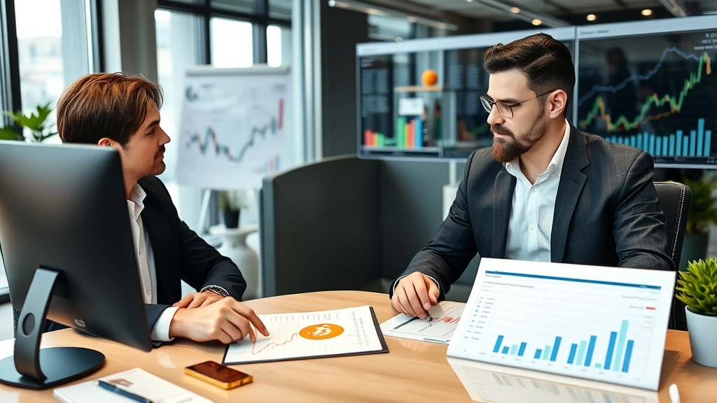 Professional financial advisor consulting with client at desk reviewing investment portfolio with Bitcoin ETF documents, modern office setting with charts and graphs, representing portfolio integration and investment planning