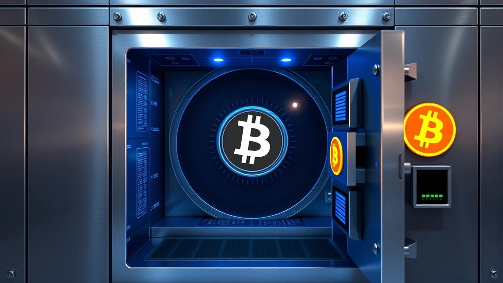 A secure digital vault with biometric security features and cryptocurrency symbols, representing institutional-grade custody infrastructure for Bitcoin holdings, modern security technology visualization, professional banking environment, metallic and blue color scheme, no visible text
