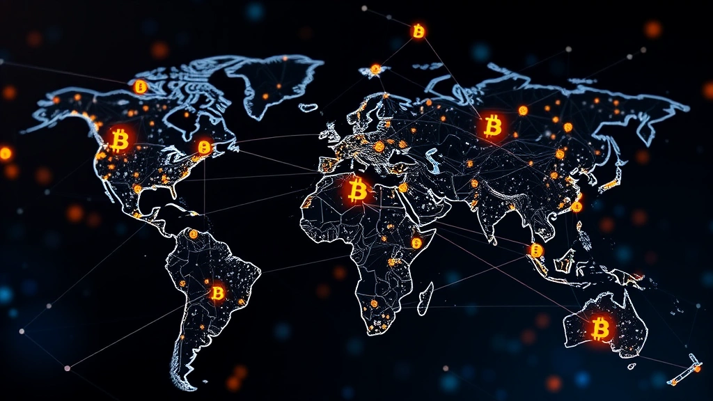 Digital visualization of Bitcoin network nodes connected globally with blockchain transactions flowing across continents representing distributed cryptocurrency infrastructure