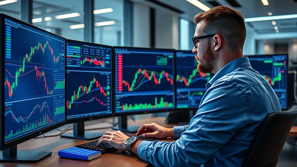 Photorealistic image of a cryptocurrency trader analyzing bitcoin charts on multiple high-resolution monitors in a modern trading office, showing candlestick patterns and technical analysis tools, professional environment with blue and green trading interface colors