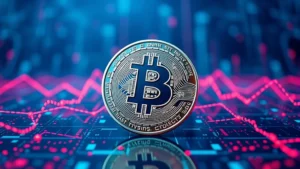 Photorealistic image of a Bitcoin coin reflecting downward financial market chart patterns, surrounded by digital data streams and network nodes, blue and red color palette, no text or numbers visible