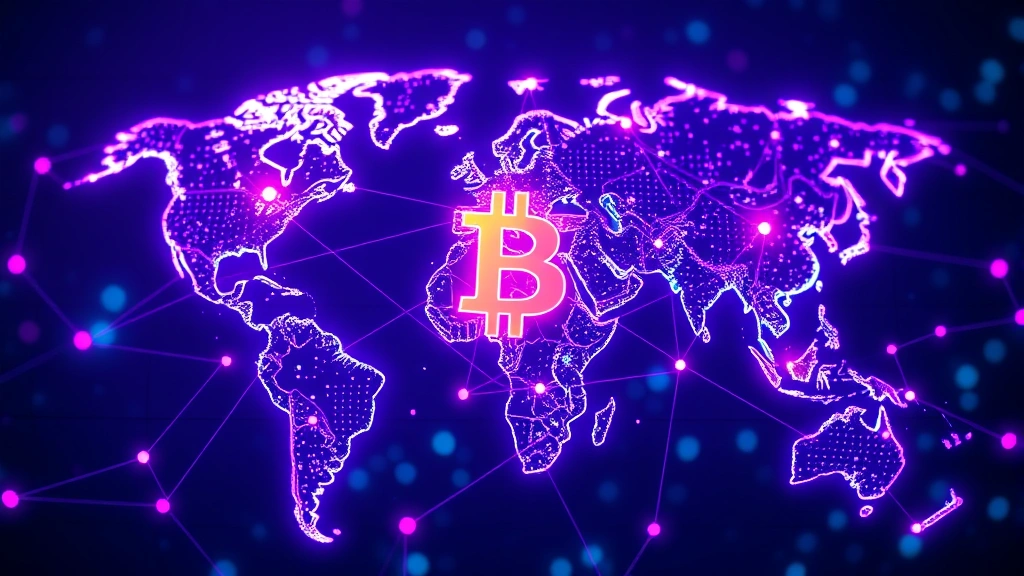 Futuristic digital visualization of Bitcoin blockchain nodes interconnecting across globe, glowing blue and purple neon lights, abstract network topology, cyberpunk aesthetic, no text or symbols