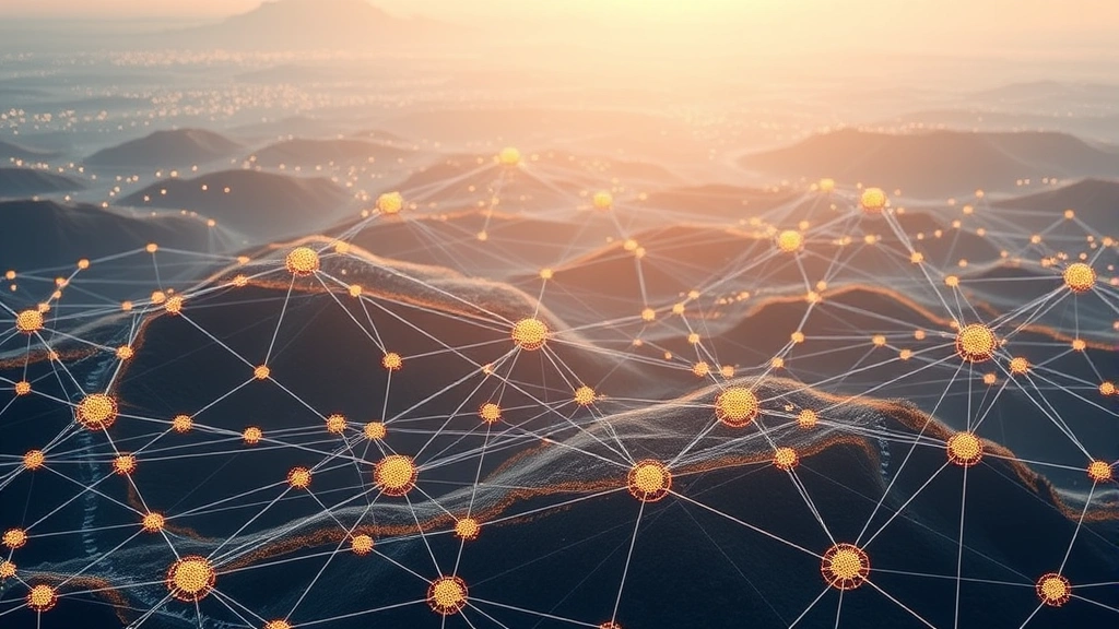 Photorealistic image of a blockchain network visualization with interconnected nodes and data streams flowing across a digital landscape, representing decentralized bitcoin network infrastructure and transaction verification processes