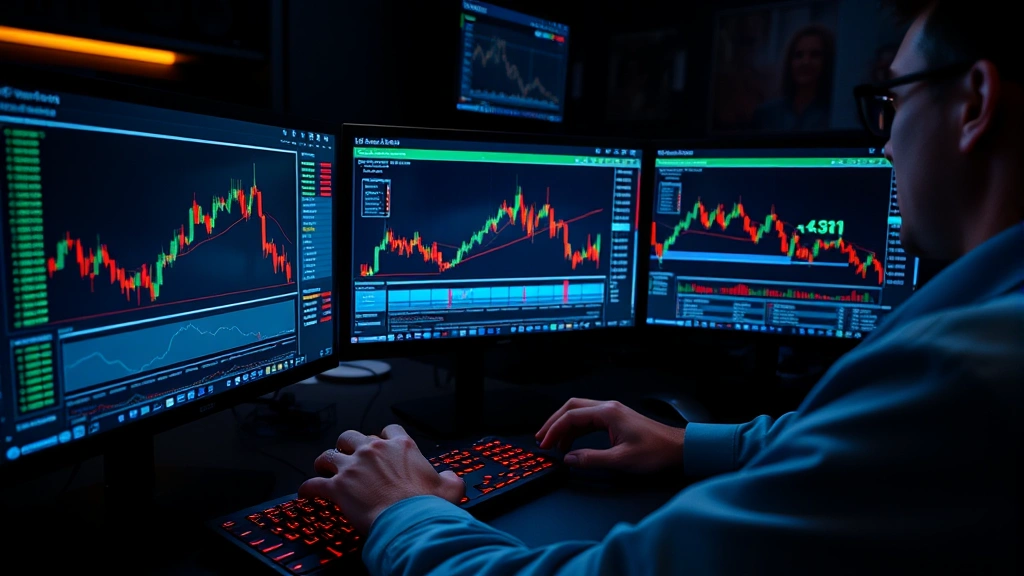 Cryptocurrency trader's desk with multiple monitors displaying market data, hands analyzing blockchain technology, professional trading environment, dramatic lighting emphasizing focus and concentration