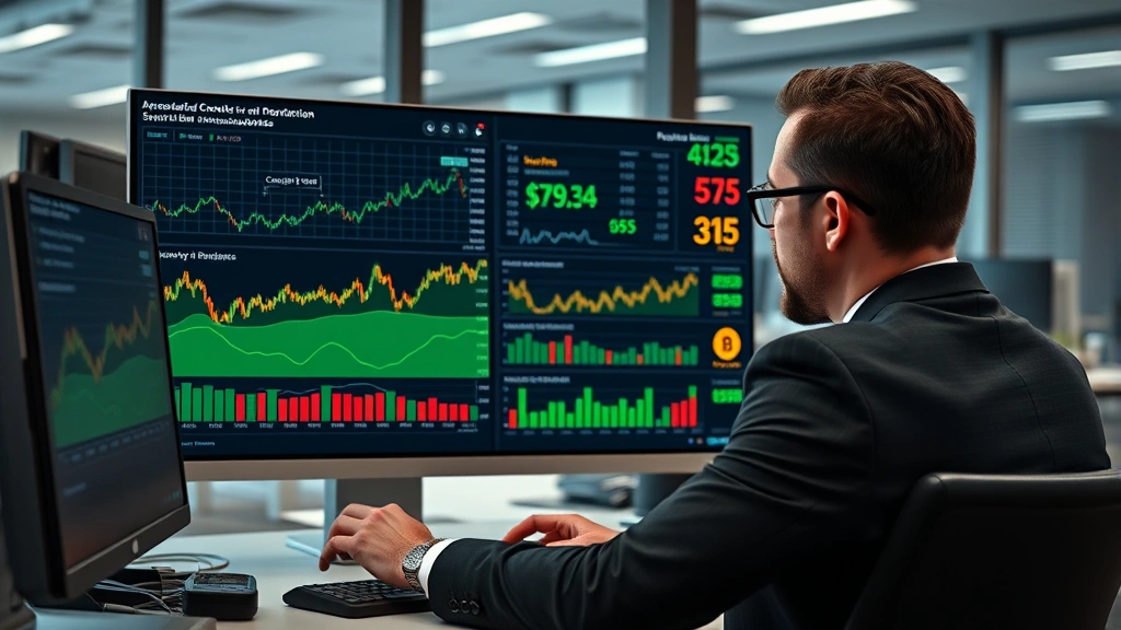Photorealistic image of a financial analyst reviewing market data on a digital dashboard displaying cryptocurrency market metrics, regulatory documents, and economic indicators in a professional setting with modern office aesthetic