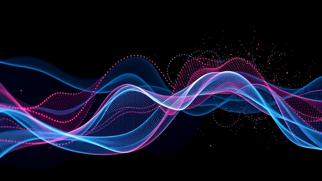 Abstract representation of financial volatility through flowing digital waves and particles, representing market turbulence and price movements, dark background with bright accent colors, no charts or numbers