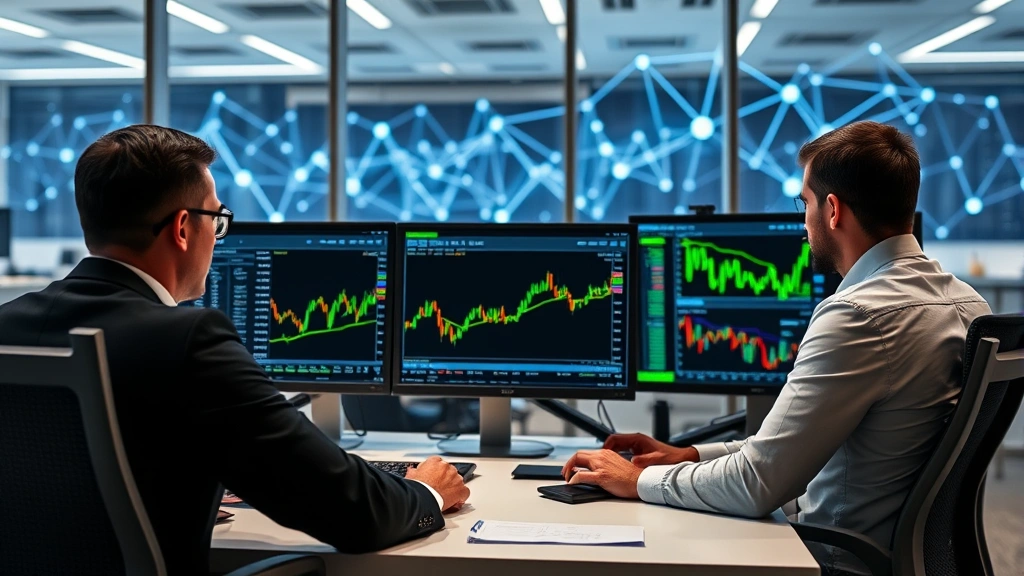 Institutional investors analyzing cryptocurrency markets on computer screens in modern office setting with blockchain network visualization in background