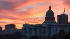 Photorealistic image of Wisconsin State Capitol building at sunset with subtle digital blockchain network visualization overlaid in the sky, modern financial district visible in background, no text