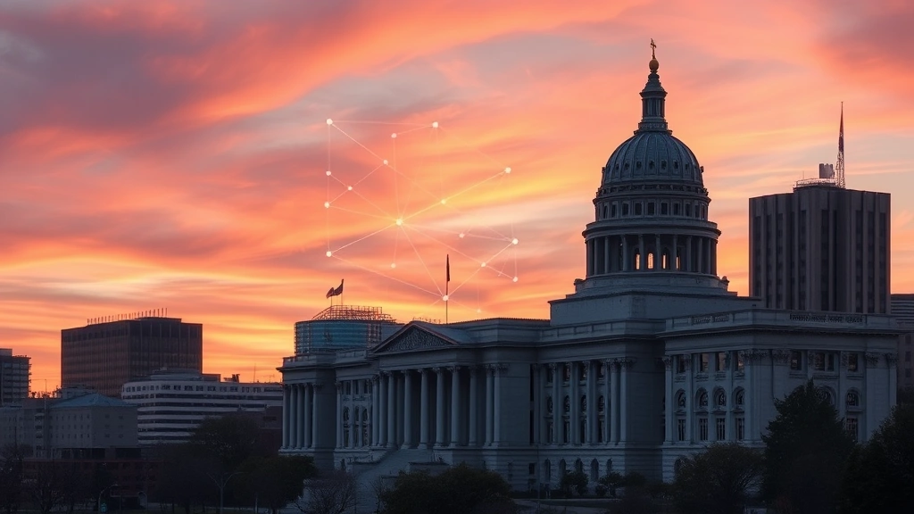 Photorealistic image of Wisconsin State Capitol building at sunset with subtle digital blockchain network visualization overlaid in the sky, modern financial district visible in background, no text