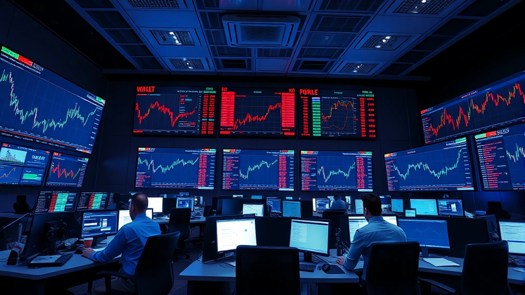 Professional cryptocurrency trading floor atmosphere with multiple monitors displaying market data, traders analyzing charts, sleek modern office environment with blue-tinted lighting, no visible ticker symbols or readable text