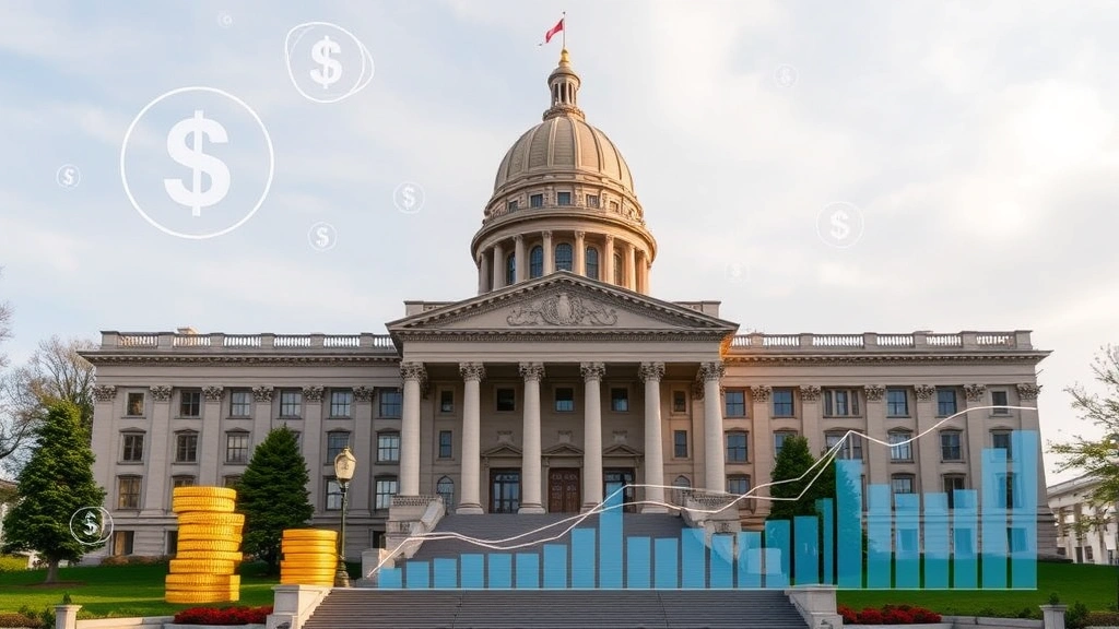 State capitol building in Madison Wisconsin with digital currency symbols and investment portfolio charts representing pension fund decision-making processes