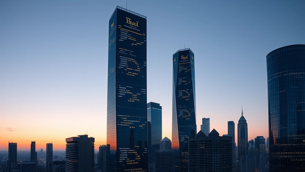 Abstract representation of digital assets and institutional finance convergence: modern glass skyscrapers reflecting blockchain network patterns, financial district landscape at dusk, clean minimalist aesthetic, no text or numbers