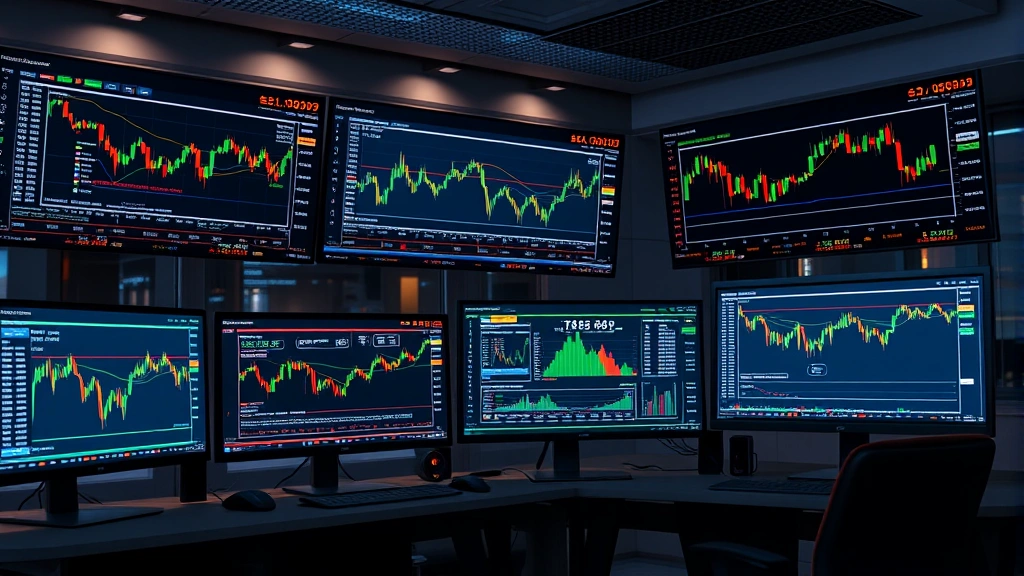 Photorealistic image of a modern trading desk with multiple monitors displaying financial charts and data, cryptocurrency market information visible on screens, professional environment with ambient lighting, no text or ticker symbols visible