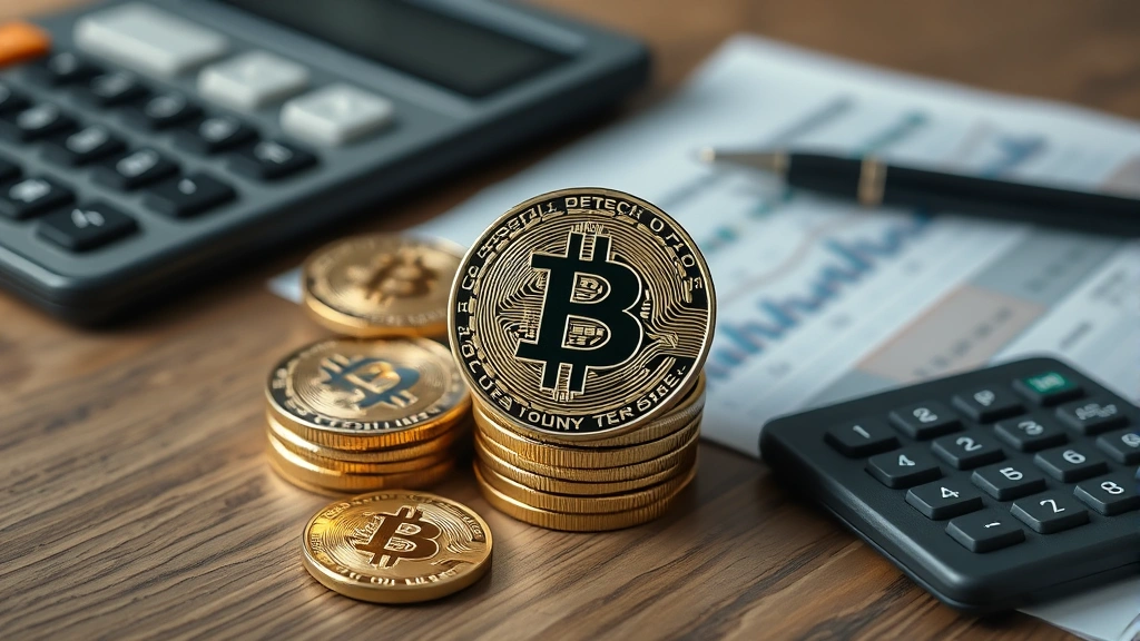 Photorealistic photograph of Bitcoin physical coins stacked on a wooden surface with financial documents and a calculator nearby, soft natural lighting, shallow depth of field, professional financial setting