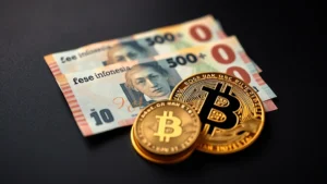 Photorealistic image of Indonesian rupiah banknotes and Bitcoin coins arranged together on a dark surface, showing currency conversion concept with warm lighting and shallow depth of field