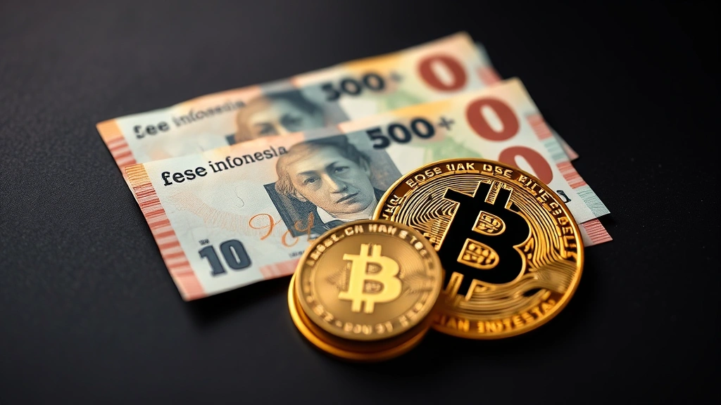 Photorealistic image of Indonesian rupiah banknotes and Bitcoin coins arranged together on a dark surface, showing currency conversion concept with warm lighting and shallow depth of field