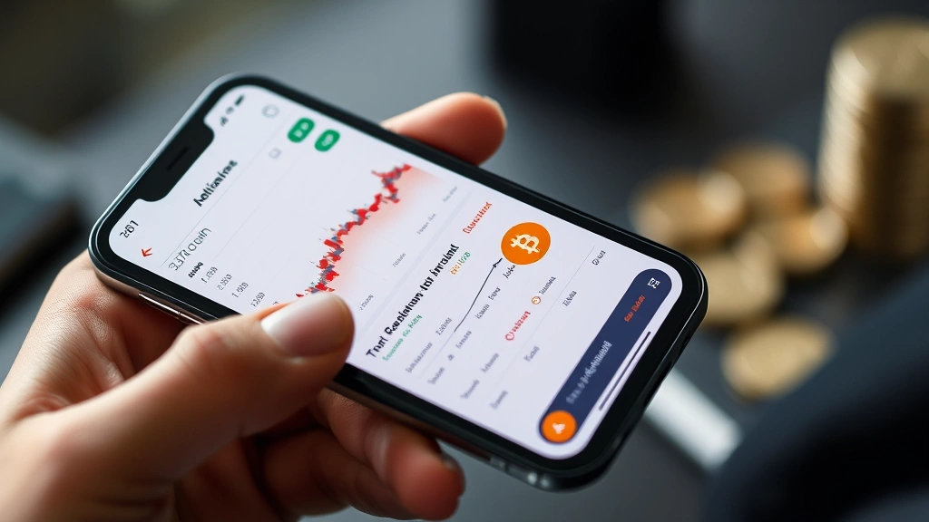 Realistic photograph of a modern smartphone displaying a cryptocurrency exchange app interface with Bitcoin price charts and Rupiah currency symbols, hands holding phone, professional trading setup