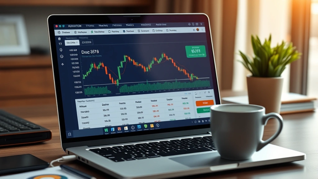 Photorealistic image of a laptop screen showing financial market data with Bitcoin and currency conversion information, coffee cup on desk, professional trader workspace environment