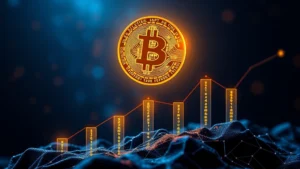 Glowing Bitcoin coin floating above a digital landscape with ascending bars and blockchain network nodes in background, representing exponential growth and price surge