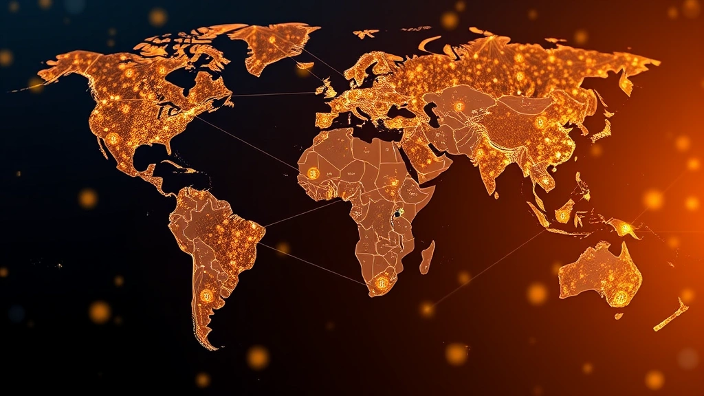 Bitcoin network visualization with connected nodes and data streams flowing through a global map, representing worldwide adoption and institutional participation in digital assets