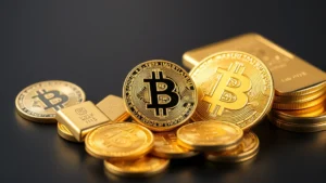 Physical gold bars and Bitcoin coins arranged together on dark surface, representing traditional and digital wealth preservation assets, professional studio lighting, high resolution
