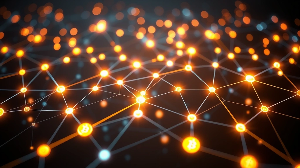 Abstract digital blockchain network visualization with glowing interconnected nodes and cryptocurrency symbols, representing decentralized security infrastructure