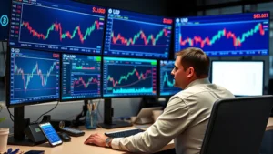 Cryptocurrency trader monitoring Bitcoin USD conversion rates on multiple digital screens with real-time price charts and market data displays in a modern trading desk environment