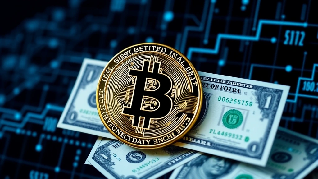 Digital representation of Bitcoin coin transitioning into US dollar bills, symbolizing cryptocurrency to fiat currency conversion with blockchain network background