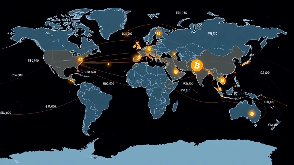 Global financial network visualization showing Bitcoin price movements and USD conversion flows across international cryptocurrency exchanges and trading platforms