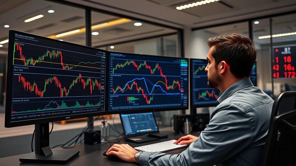Professional cryptocurrency trader monitoring multiple Bitcoin price charts on high-resolution displays in modern trading office, showing real-time market data and order execution interfaces