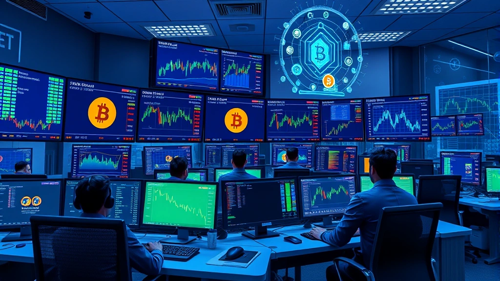 Photorealistic image of a modern cryptocurrency trading floor with multiple monitors displaying Bitcoin price charts and market data, traders analyzing data, professional office environment, blue and green color scheme, blockchain visualization elements in background