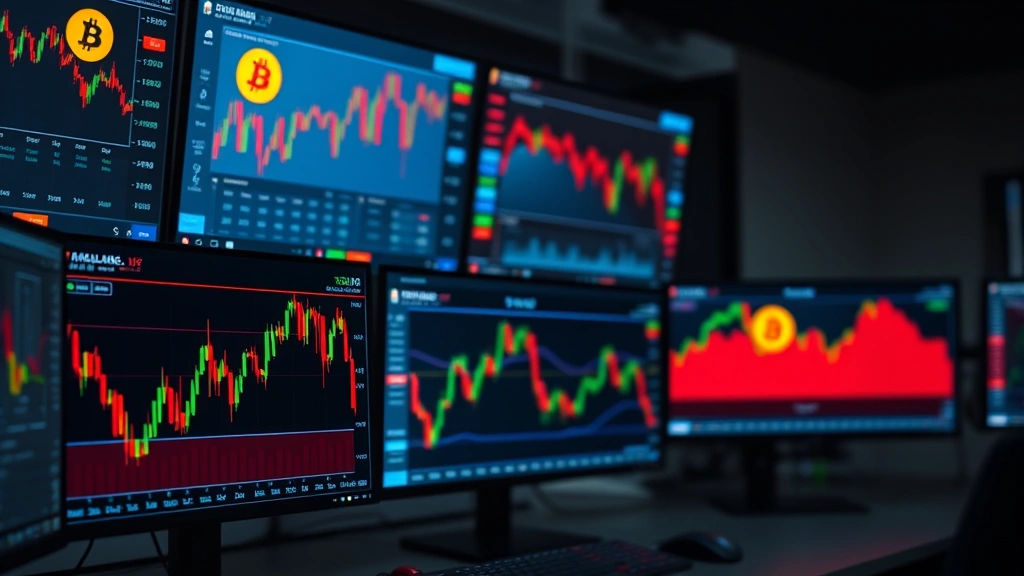 Photorealistic image of cryptocurrency trading dashboard with Bitcoin price charts and USD conversion displays on multiple monitors, professional trading environment, no text or numbers visible