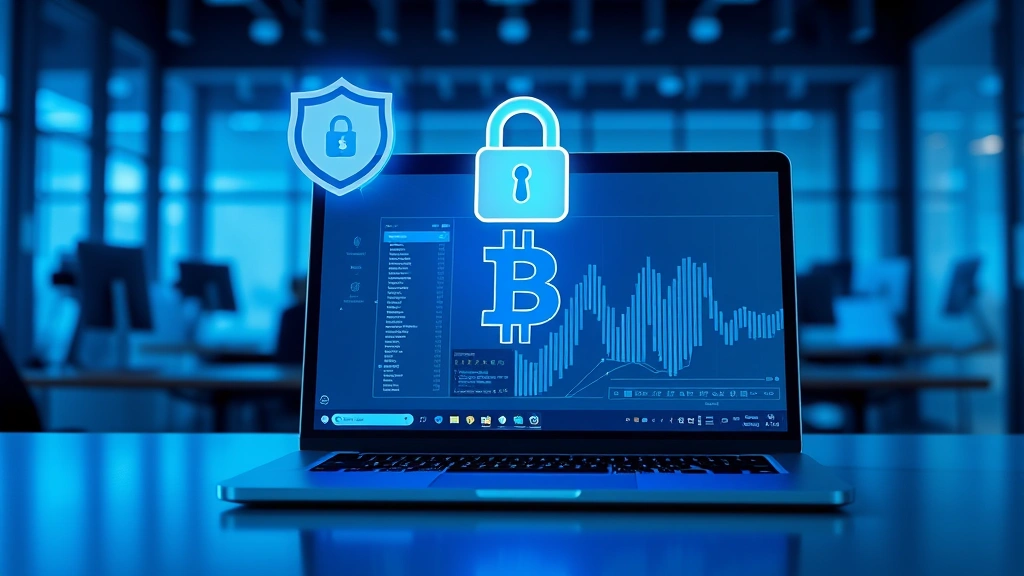 Photorealistic illustration of a modern laptop displaying a Bitcoin wallet interface on the screen, with padlock and privacy shield symbols floating above the device, set in a professional workspace with blue-tinted lighting, cryptocurrency security concept