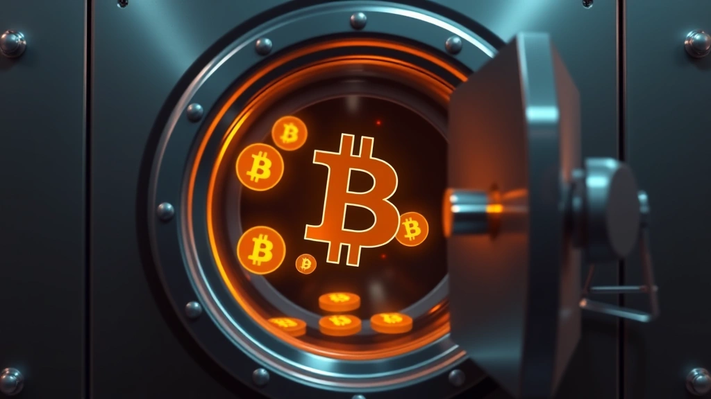 Photorealistic image of a secure digital vault with glowing Bitcoin symbols floating inside, representing cryptocurrency security and legal protection in a modern tech environment