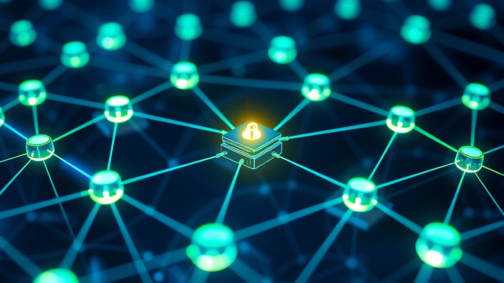 A secure blockchain network visualization with interconnected nodes glowing in blue and green, representing cryptocurrency security architecture and distributed ledger technology infrastructure