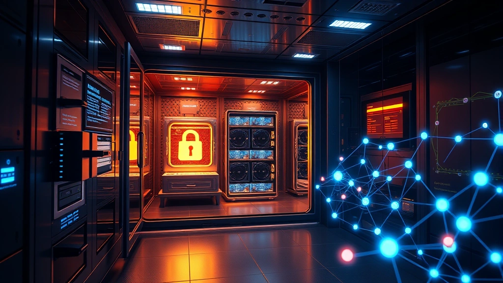 Modern cryptocurrency cold storage vault with biometric security systems, multiple layers of encryption visualization, and blockchain network nodes represented as glowing connections, photorealistic, no text